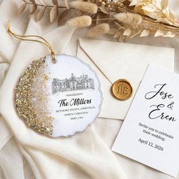 Custom Wedding Venue Photo, Toile Illustrated Venue Favors Guest Gifts - Personalized Resin Ornament - Photo 6