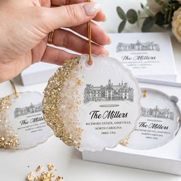 Custom Wedding Venue Photo, Toile Illustrated Venue Favors Guest Gifts - Personalized Resin Ornament - Photo 1