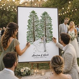 Custom Wedding Venue Guest Book Alternative Pine Tree Art, Couple Portrait Photo Wedding Sign - Personalized Poster - Photo 1