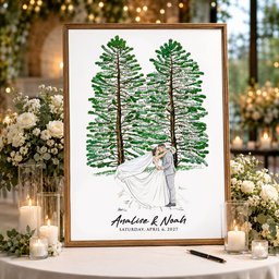 Custom Wedding Venue Guest Book Alternative Pine Tree Art, Couple Portrait Photo Wedding Sign - Personalized Poster - Photo 2