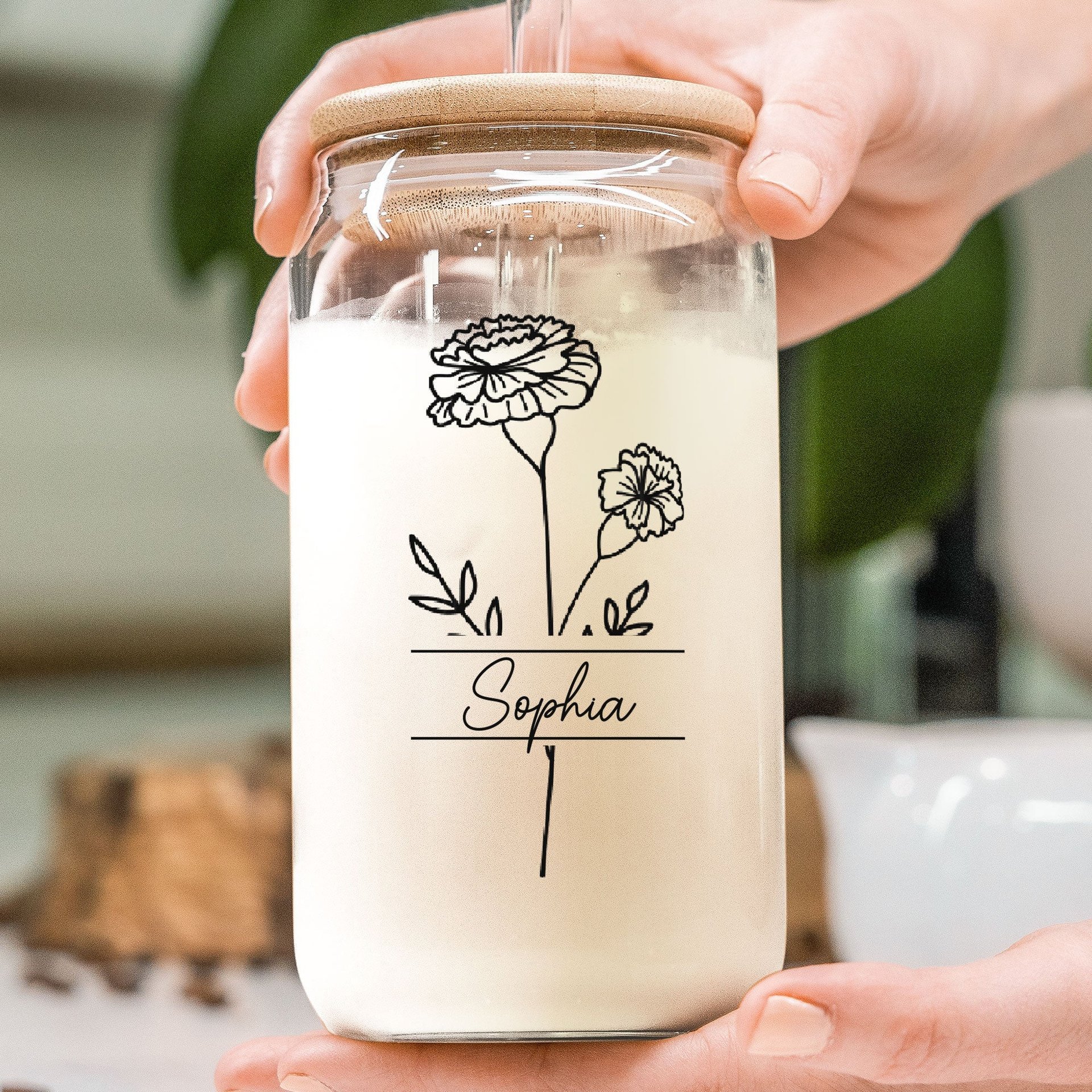 Birth Flower Birthday Gift Bridesmaid Sister Women - Personalized Clear Glass Cup - Photo 1