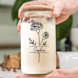 Birth Flower Birthday Gift Bridesmaid Sister Women - Personalized Clear Glass Cup - Photo 1
