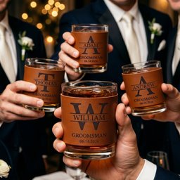 Custom Vintage Initial Name & Date For Best Man, Groomsmen, Groom Wedding Gifts Leather - Personalized Whiskey Glass - Photo 2