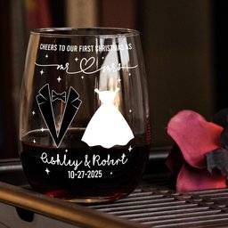 Cheers To Our First Christmas As Mr. And Mrs - Personalized Stemless Wine Glass - Photo 1