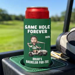 Same Hole Forever Golf Bachelor Party Favors - Custom His Funny Face - Personalized Can Cooler - Photo 1