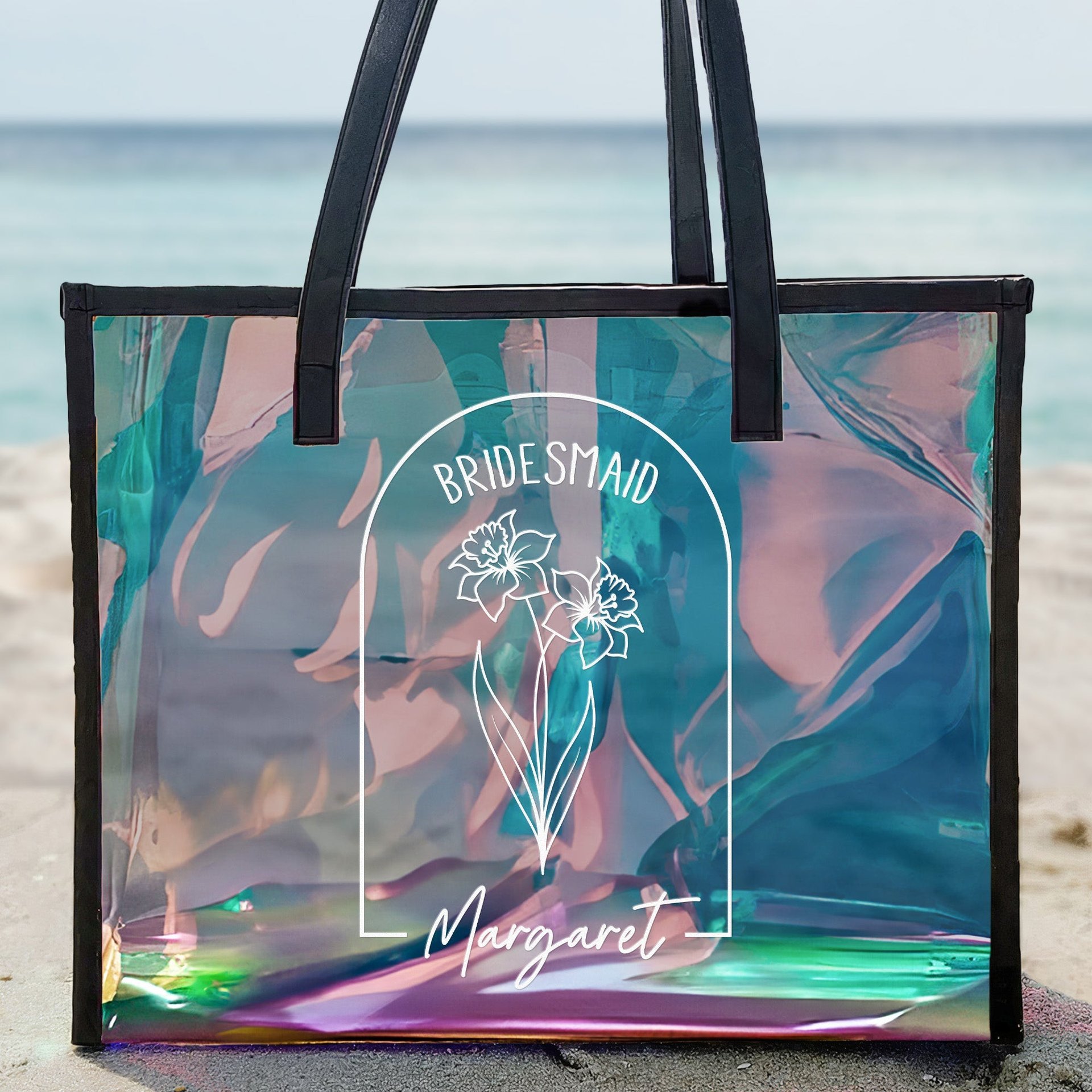 Wedding Gifts For Bridesmaid Custom Birth Month Flowers - Personalized Holographic Tote - Photo 1