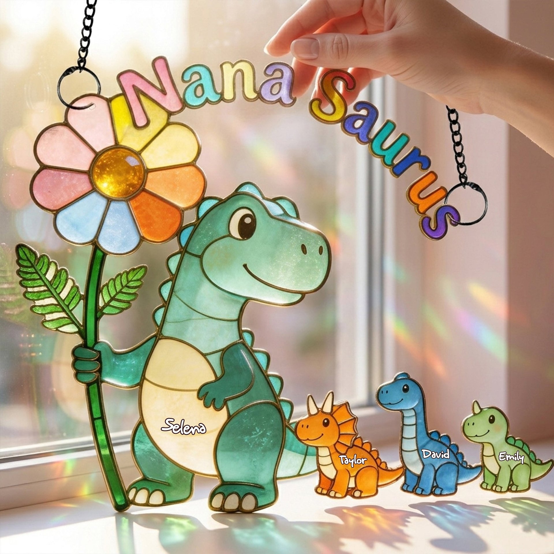 Mama-saurus & Her Tiny Roar Crew Suncatcher - Personalized Gifts For Moms - Photo 1