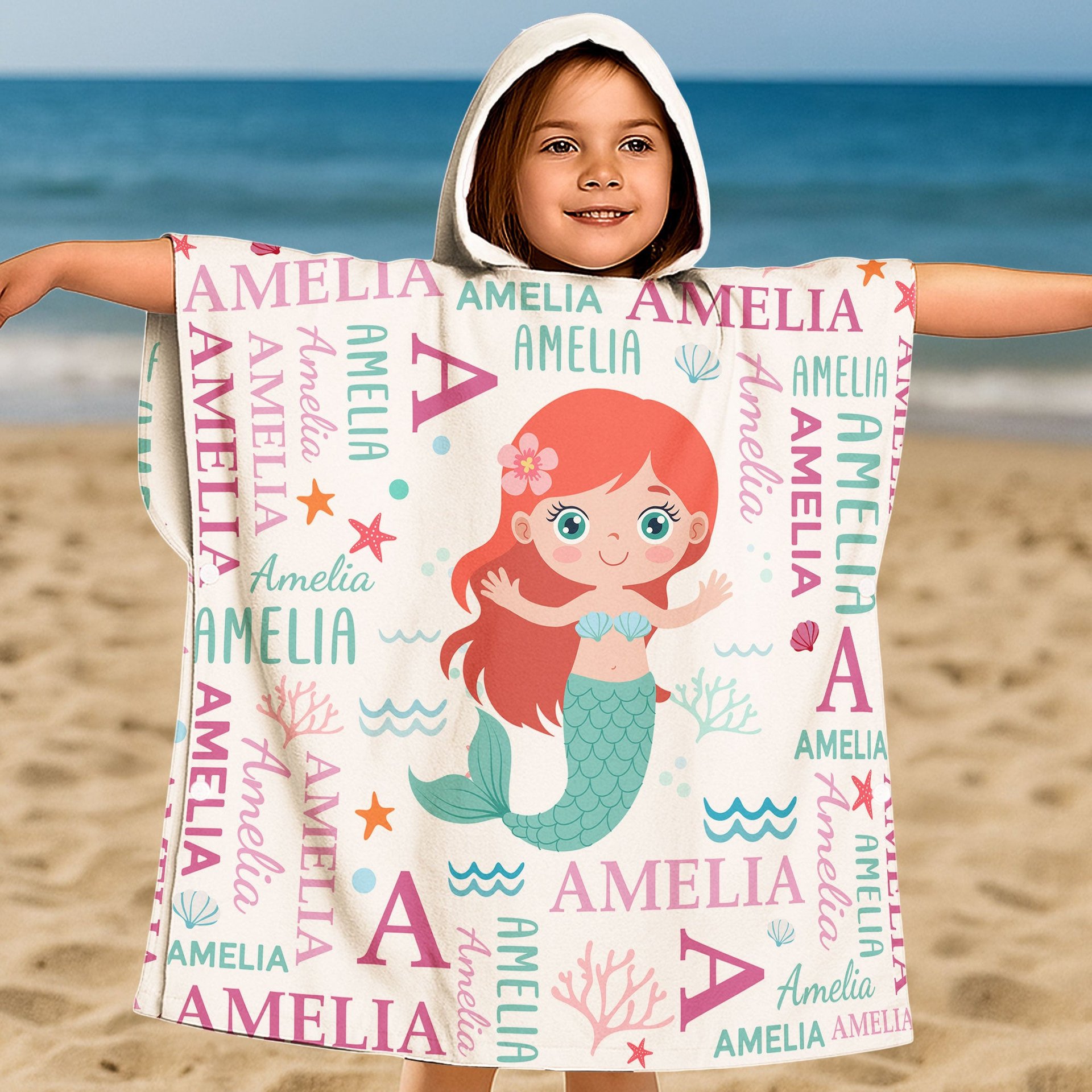 Cute And Beachy Custom Name - Personalized Kids Hooded Towel - Photo 1