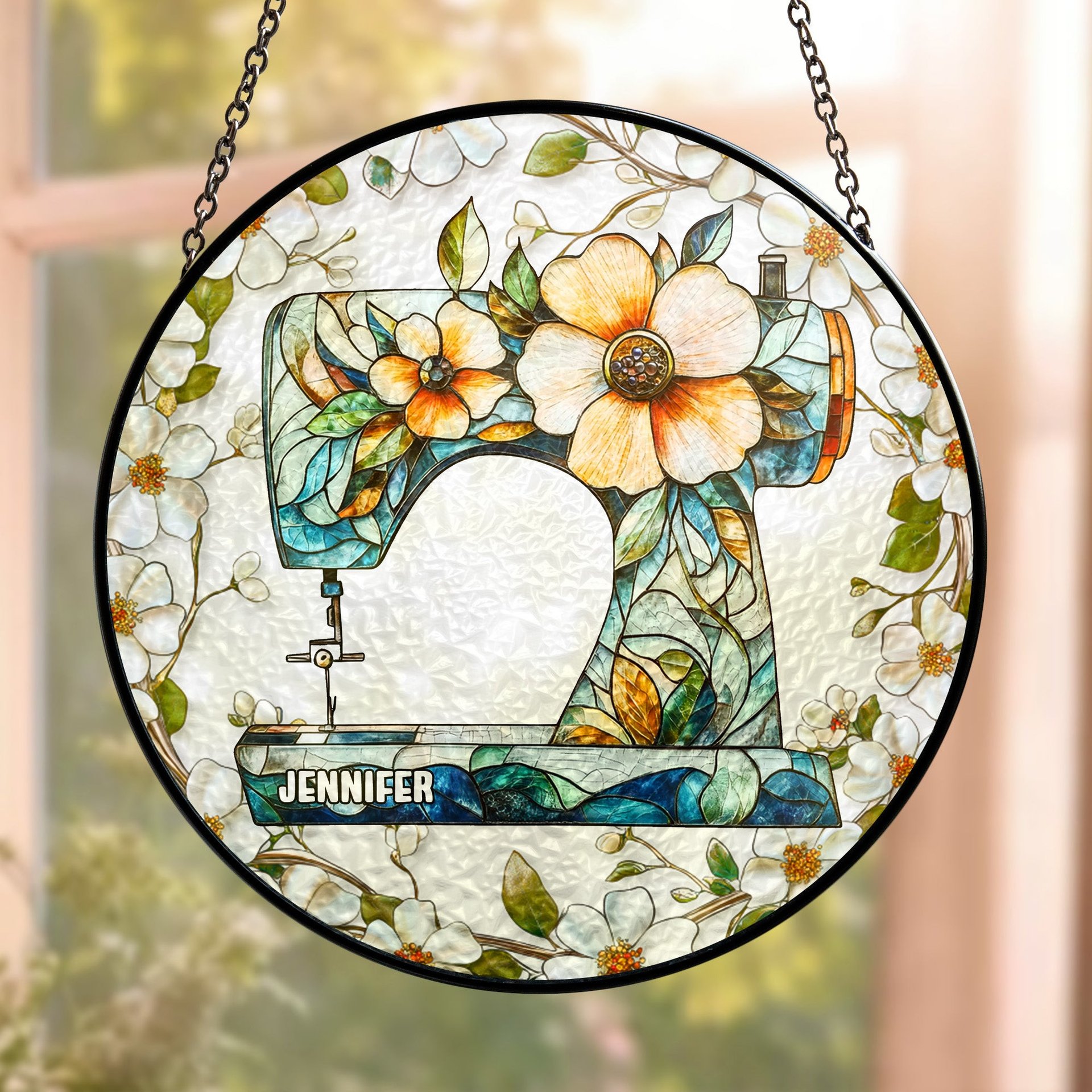 Floral Sewing Machine - Personalized Stained Glass Window Hanging Suncatcher - Photo 1