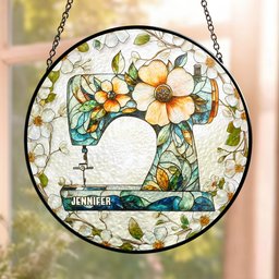 Floral Sewing Machine - Personalized Stained Glass Window Hanging Suncatcher - Photo 1