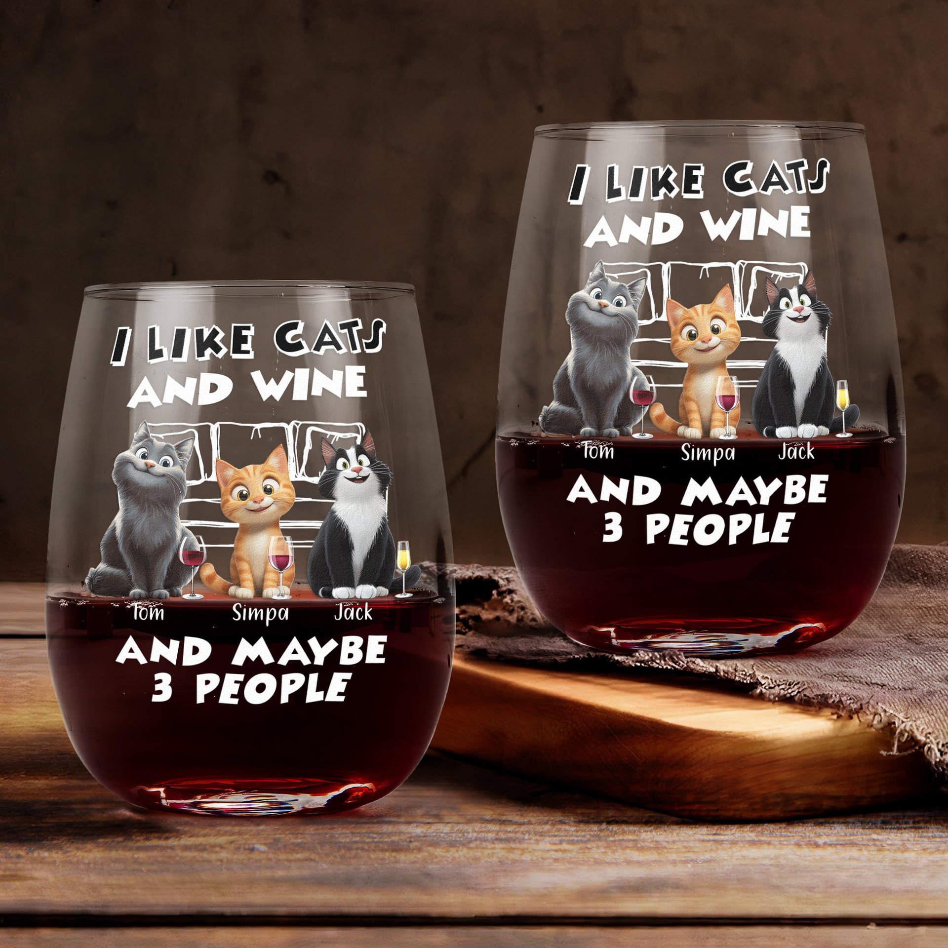 I Like Cats Wine And Maybe 3 People - Personalized Stemless Wine Glass - Photo 1