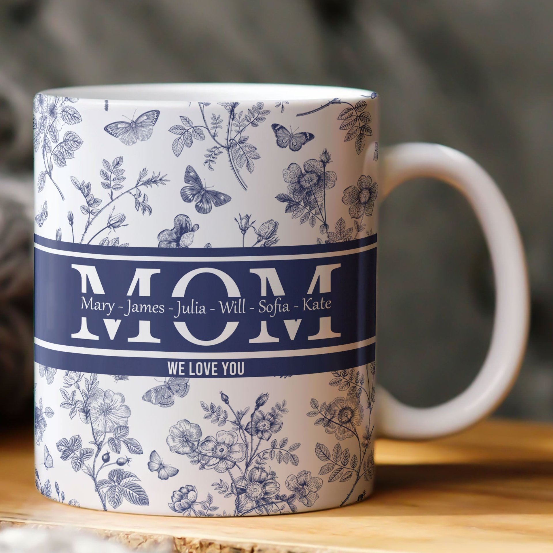 Mom, Mama, Grandma, Mimi With Kids' Names - Blue Toile De Jouy - Personalized Mug - Photo 1