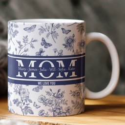 Mom, Mama, Grandma, Mimi With Kids' Names - Blue Toile De Jouy - Personalized Mug - Photo 1
