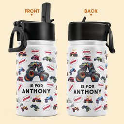 Monster Truck, Unicorn Alphabet - Personalized Kids Water Bottle With Straw Lid - Photo 2