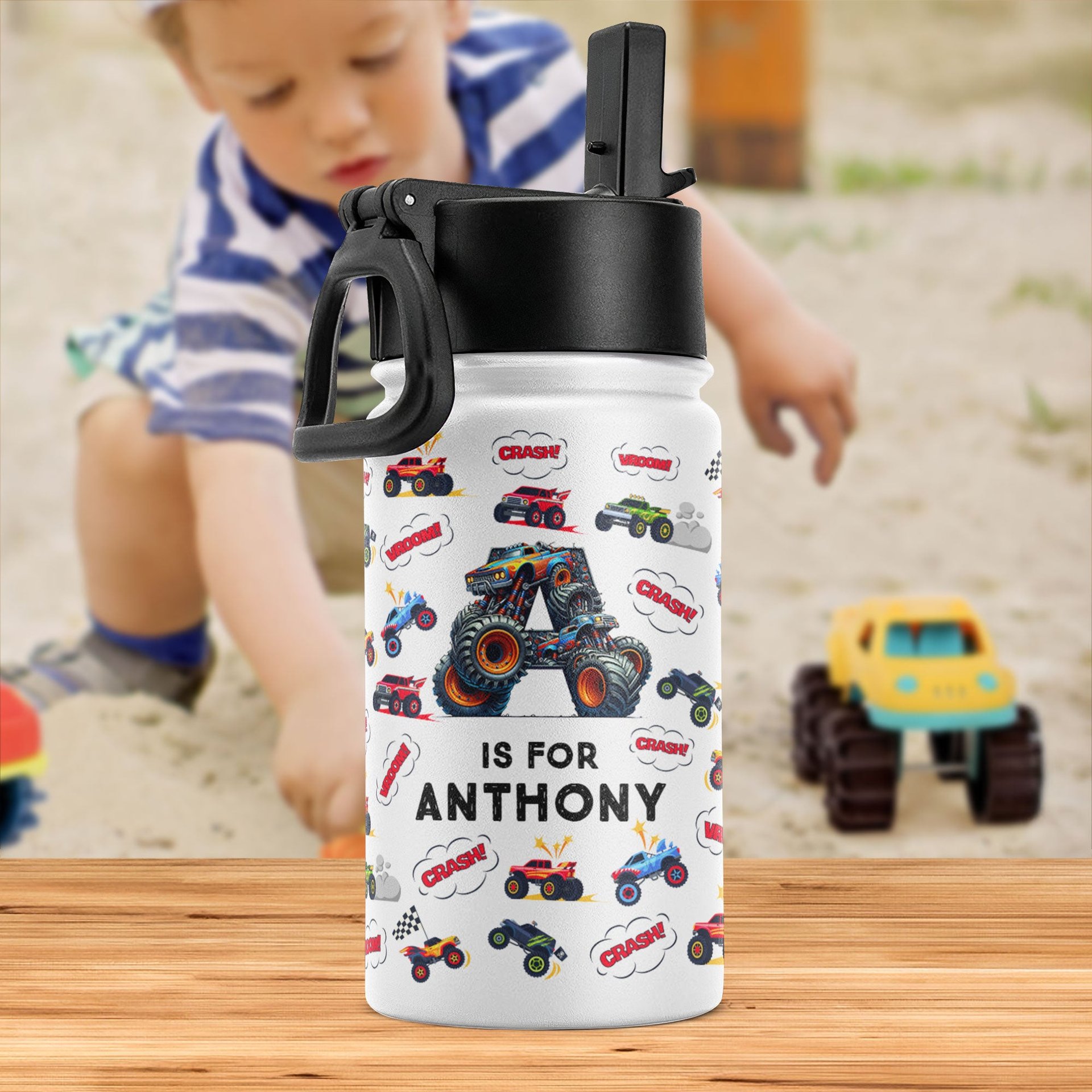 Monster Truck, Unicorn Alphabet - Personalized Kids Water Bottle With Straw Lid - Photo 1