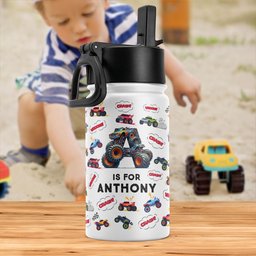Monster Truck, Unicorn Alphabet - Personalized Kids Water Bottle With Straw Lid - Photo 1