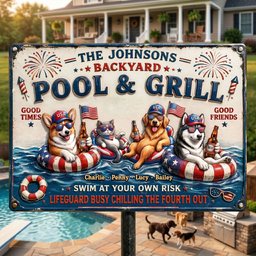 Fun Chilling Pet On Patriotic Pool Metal Sign, Custom Photo Gifts For Dog & Cat Owners