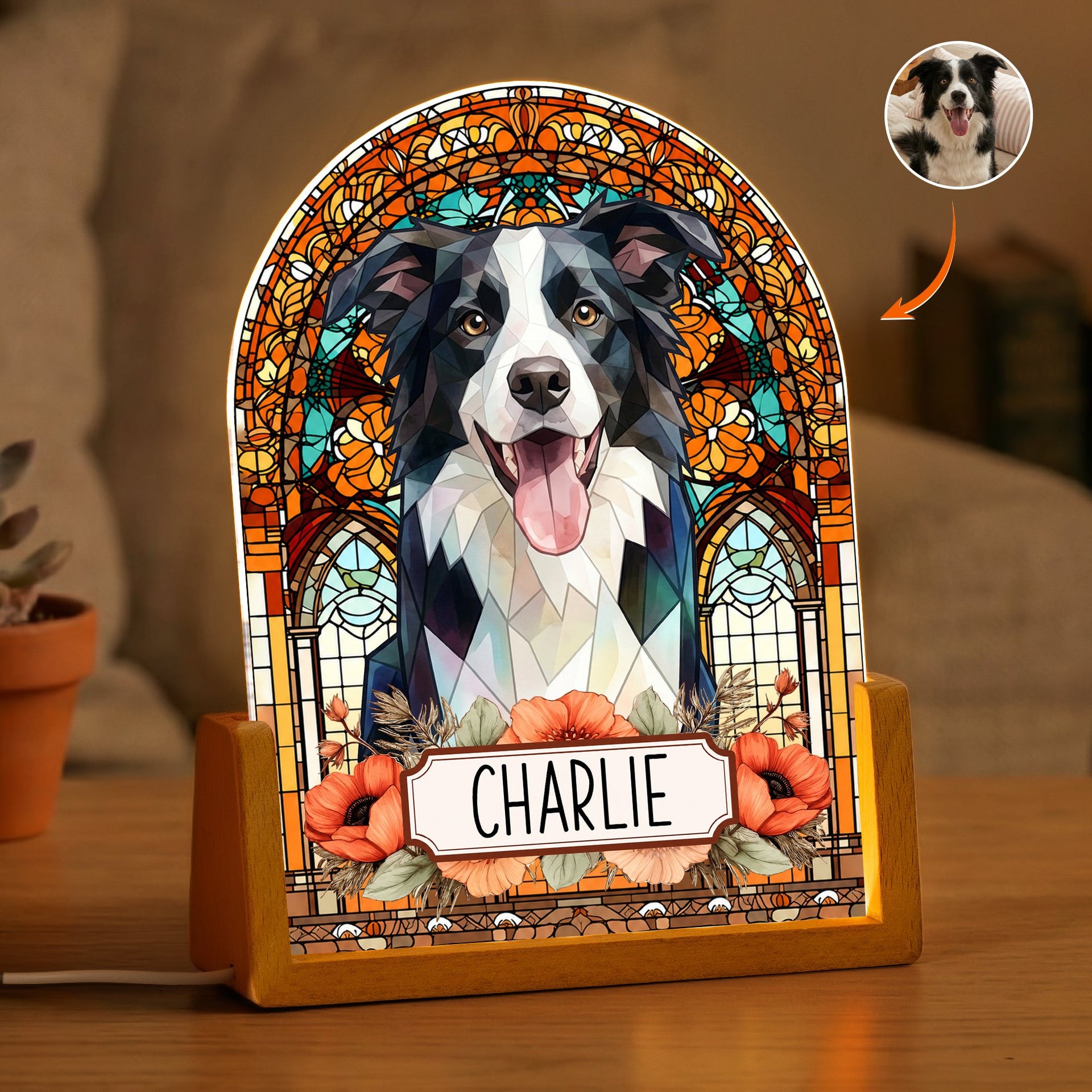 Custom Pet Portrait Stained Glass Style Memorial Gift For Pet Owners - Personalized Night Light