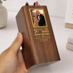 Custom Milestone Wedding Anniversary Clock Gifts For Parents, Couple - Personalized Pen Holder With Clock – view 5