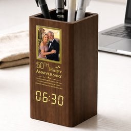 Custom Milestone Wedding Anniversary Clock Gifts For Parents, Couple - Personalized Pen Holder With Clock – view 4