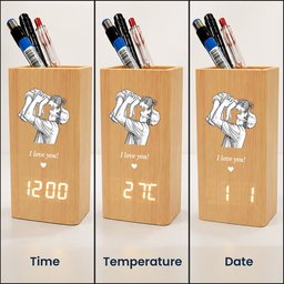 Dad Custom Photo Sketch Line Art Father's Day Gift For Him - Personalized Pen Holder With Clock – view 6