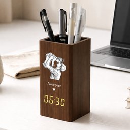 Dad Custom Photo Sketch Line Art Father's Day Gift For Him - Personalized Pen Holder With Clock – view 2
