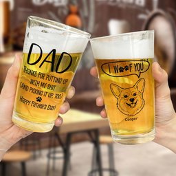 Father's Day Gifts, Thanks Dad We Woof You Pet Photo Line Art - Personalized Beer Glass – view 2