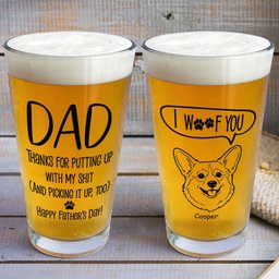Father's Day Gifts, Thanks Dad We Woof You Pet Photo Line Art - Personalized Beer Glass – view 4