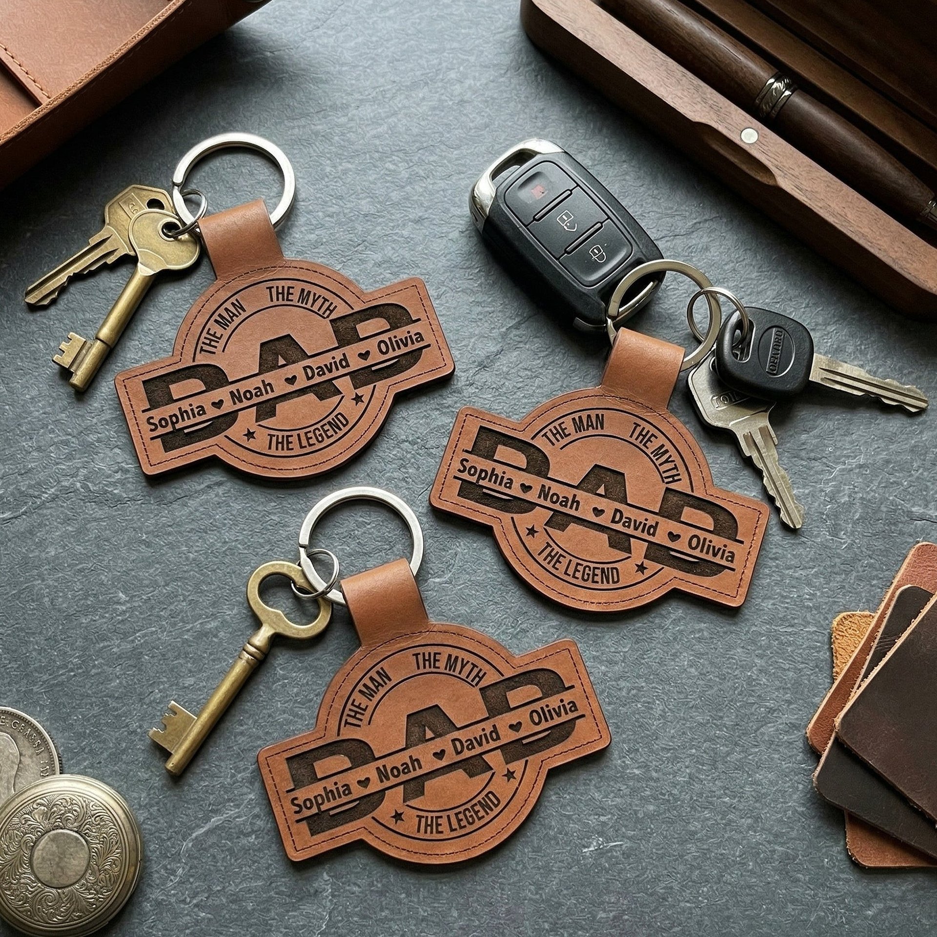 Dad, Papa, Grandpa, Pop The Man, The Myth, The Legend With Kid's Names - Personalized Keychain