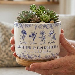 Mother & Daughters Forever Linked Together Birth Flower - Personalized Ceramic Plant Pot