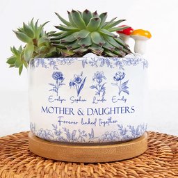 Mother & Daughters Forever Linked Together Birth Flower - Personalized Ceramic Plant Pot – view 3