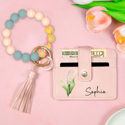 Birth Month Flower Gift For Her - Personalized Keychain Wristlet Leather Wallet – view 2