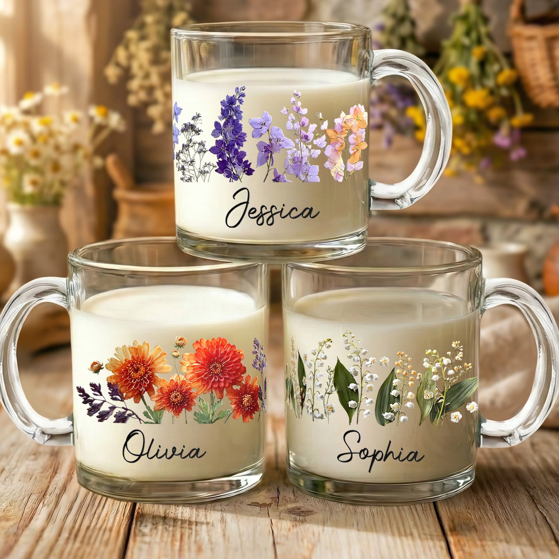 Custom Name & Birth Flower Faux Pressed Flower - Personalized Glass Mug