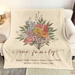 Family Boho Birth Flower Bouquet Flowers Gift For Mom, Grandma, Family - Personalized Blanket – view 3