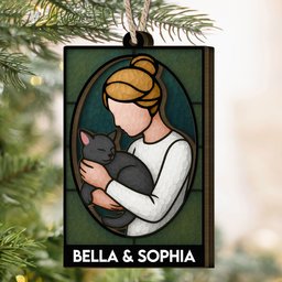 A Girl And Her Cat - Personalized Wooden Ornament