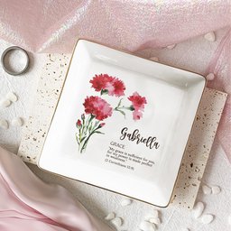Custom Birth Flower Initial With Bible Verse - Personalized Jewelry Dish – view 2