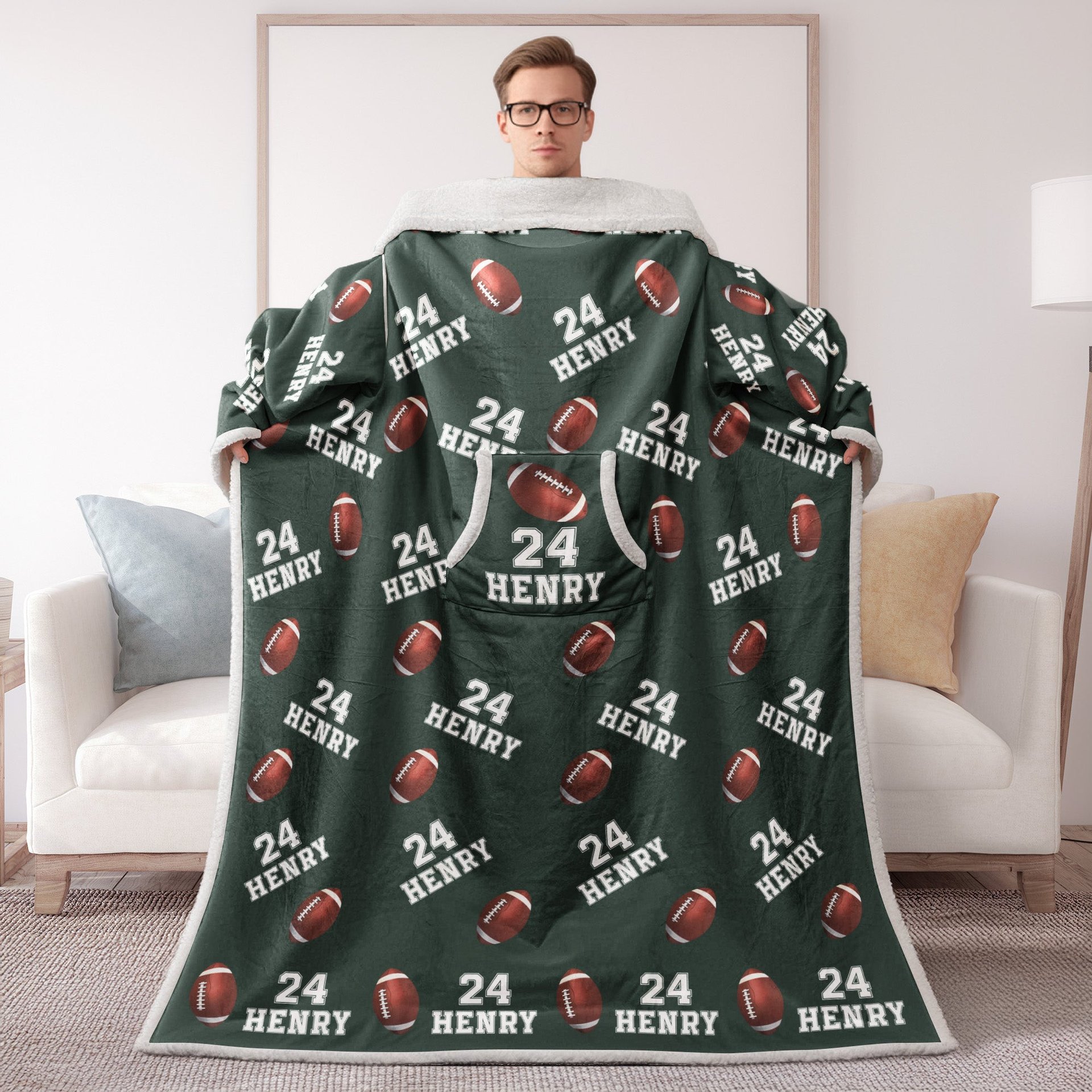 Custom Name, Number Baseball, Basketball, Football, Hockey - Personalized Wearable Blanket With Sleeves