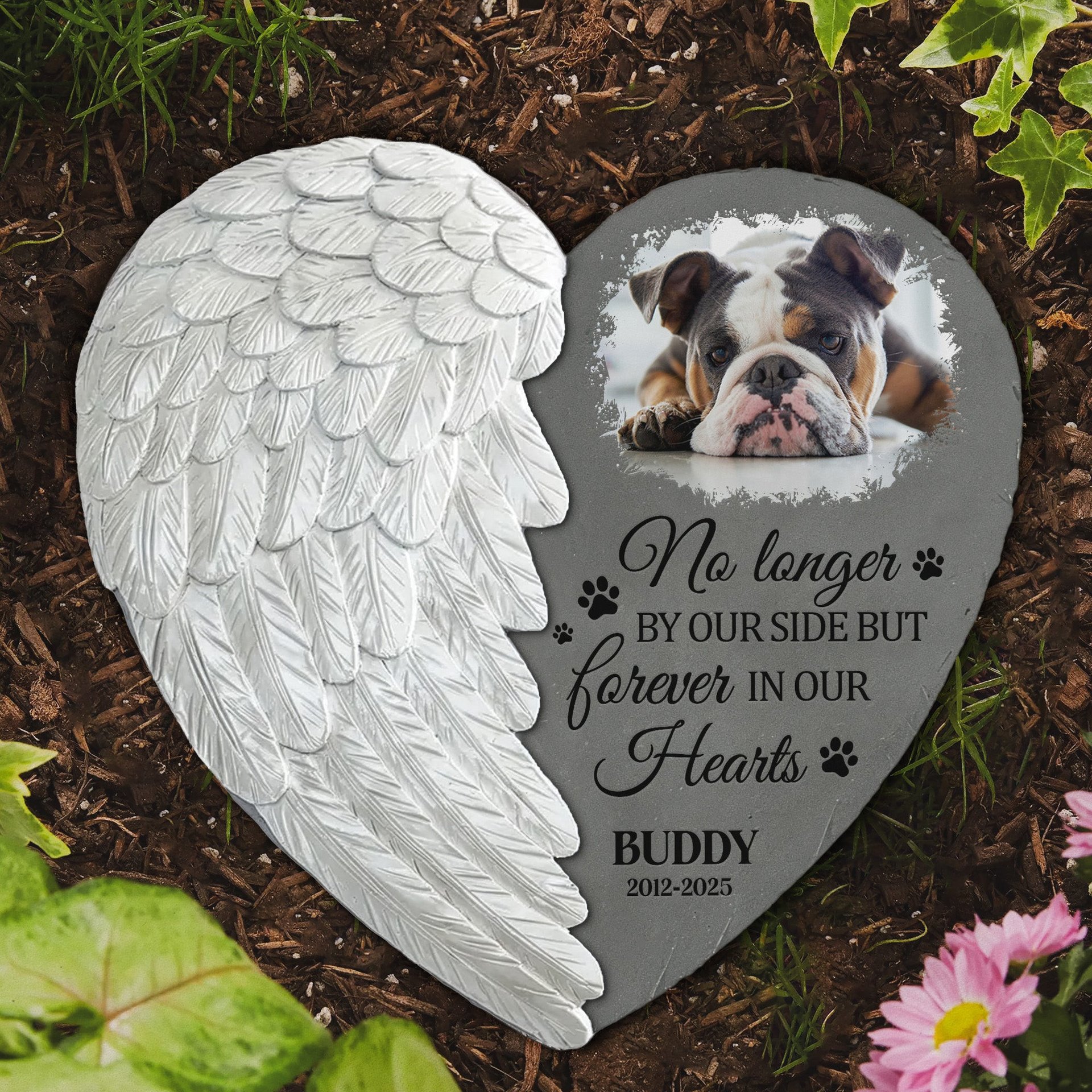 No Longer By Our Side Forever In Our Hearts - Personalized Photo Memorial Garden Stone