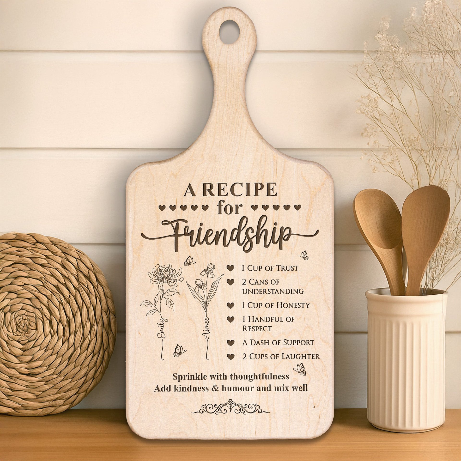 A Recipe For Friendship Custom Birth Flower - Personalized Paddle Cutting Board