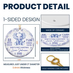 Elephant Baby First Christmas Toile Style - Personalized Ceramic Ornament – view 5