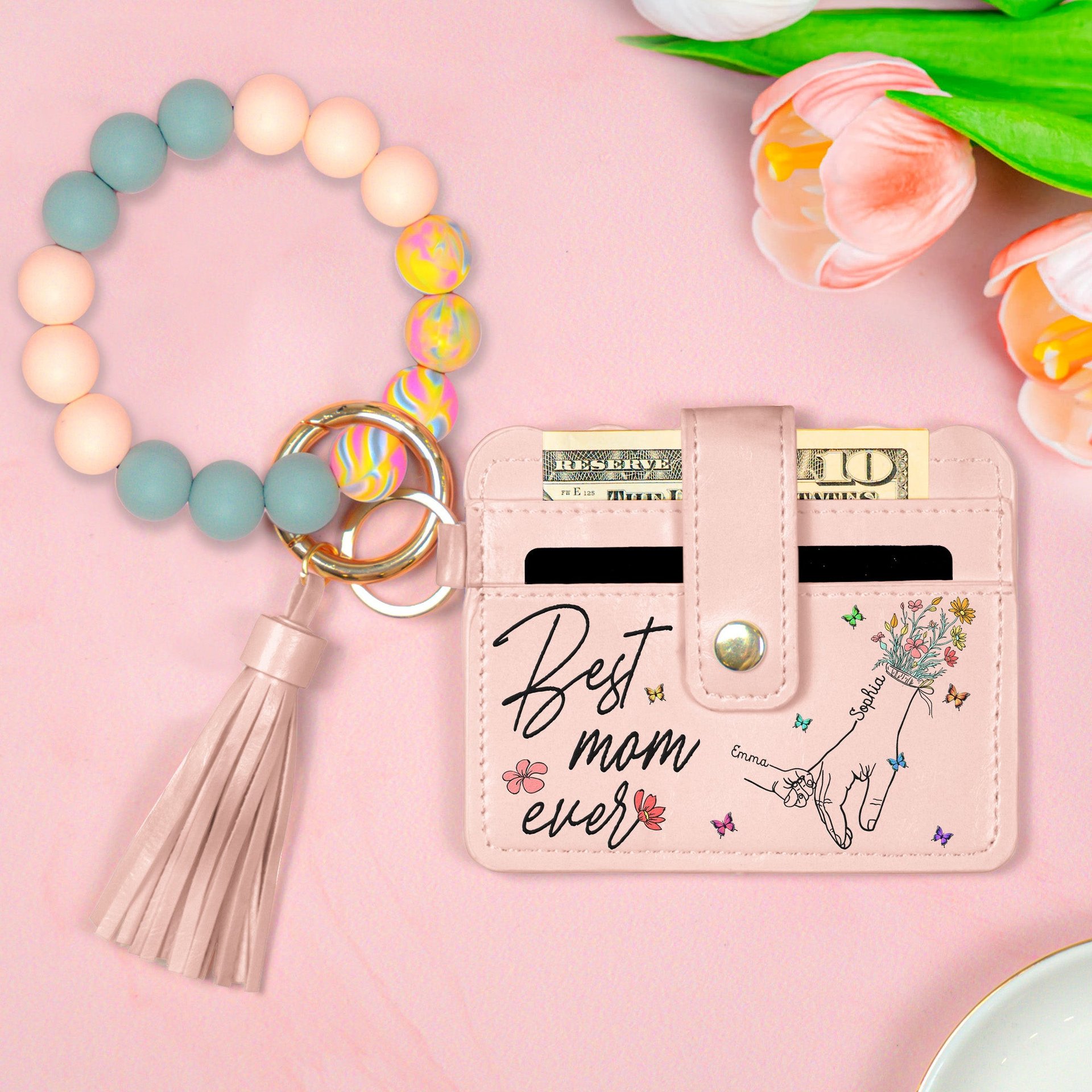 Best Mom Ever - Personalized Keychain Wristlet Leather Wallet