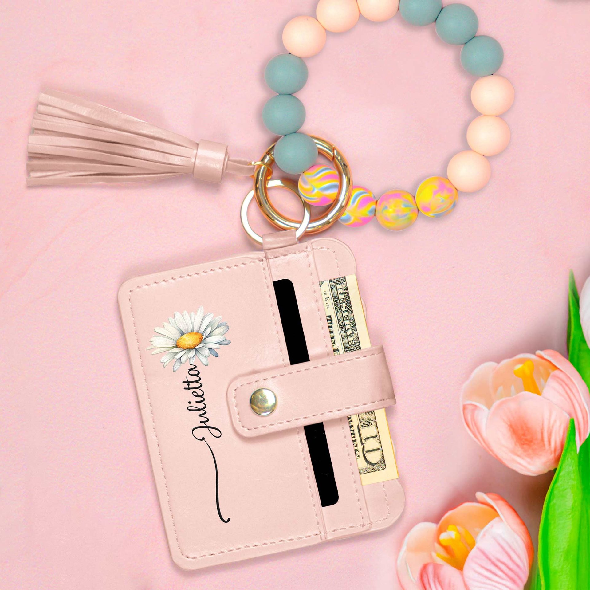 Custom Birth Flower For Daughter, Friend, Mom - Personalized Keychain Wristlet Leather Wallet