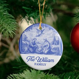 Nativity Scene Blue Toile De Jouy Christmas Holy Family - Personalized Ceramic Ornament – view 4