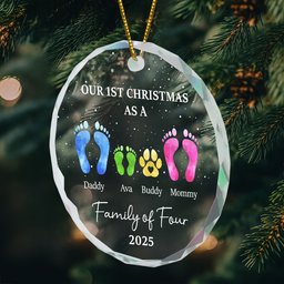 First Christmas As A Family Of Four Footprints - Personalized Glass Ornament – view 2