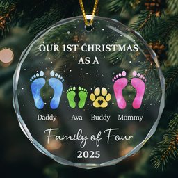 First Christmas As A Family Of Four Footprints - Personalized Glass Ornament