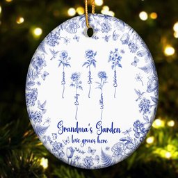 Grandma's Garden Toile De Jouy Custom Birth Flower Grandkids Names - Personalized Ceramic Ornament – view 3