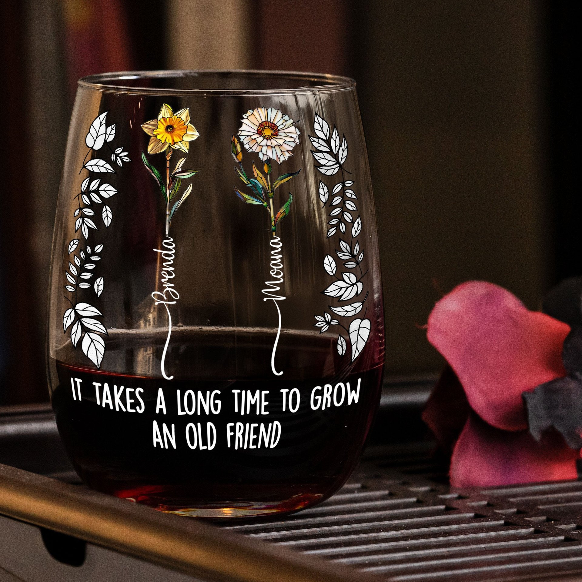 Long Time To Grow Old Friends - Personalized Stemless Wine Glass