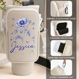 Custom Name & Birth Flower Toile De Jouy - Personalized Water Bottle Carrier Bag With Phone Pocket – view 7