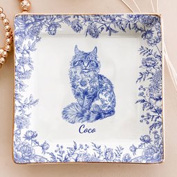 Cat Lover Chinoiserie Toile De Jouy Style - Personalized Jewelry Dish