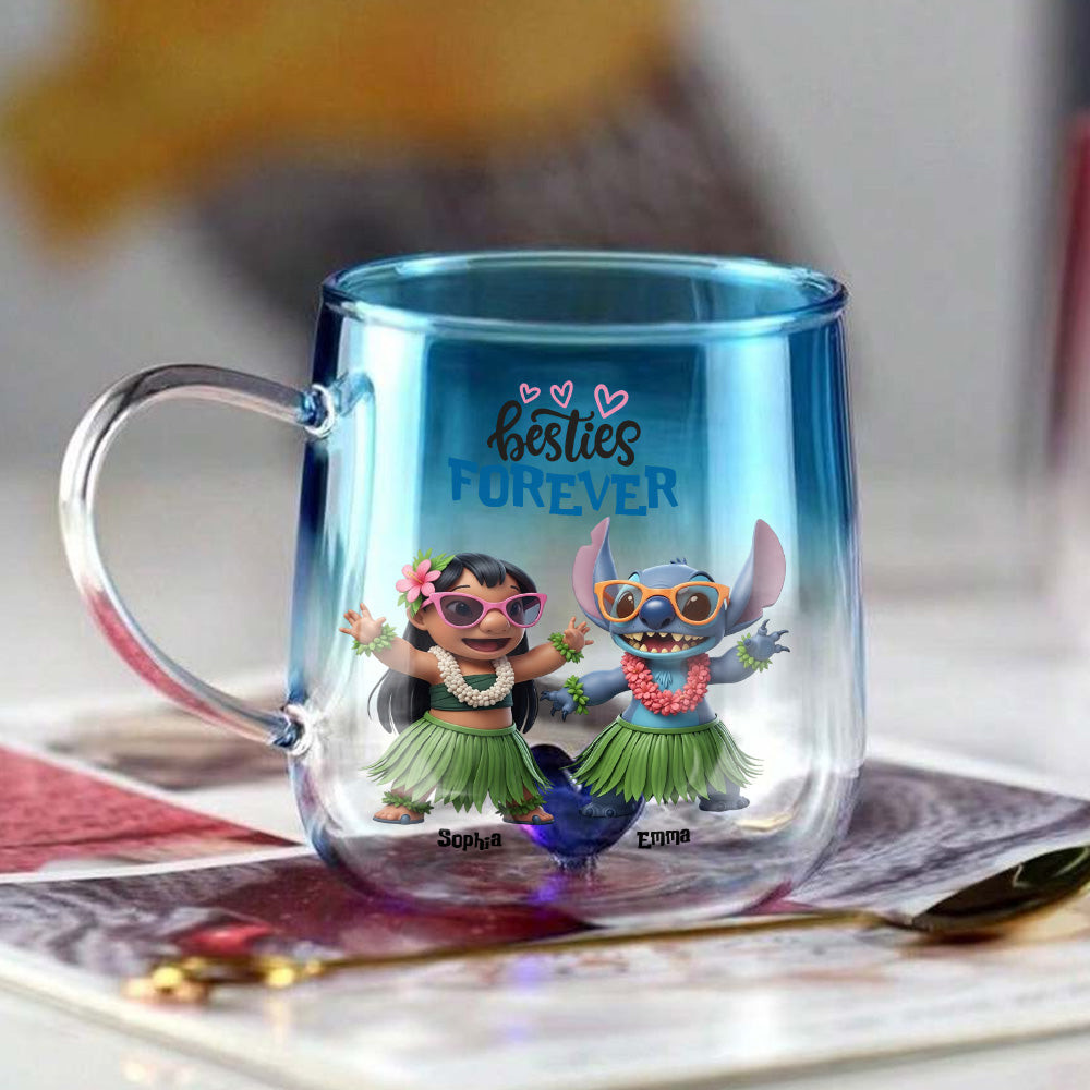 Girl And Blue Monster Besties Forever - Personalized Ohana Gradient Glass Mug – view 7